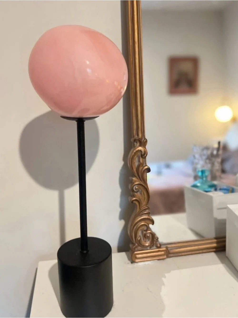 Modern Black Table Lamp with Soft Pink Glass Shade